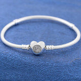 925 Silver Pave Heart Clasp Snake Chain Bracelet Bangle