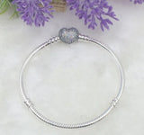 Pave Heart Clasp With Crystal Bracelet Bangle 925 Sterling Silver Bead Charm