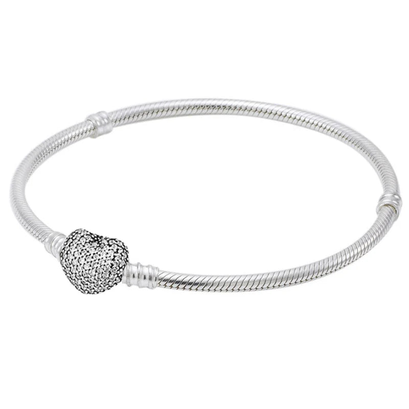Pave Heart Clasp With Crystal Bracelet Bangle 925 Sterling Silver Bead Charm