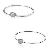 925 Sterling Silver Crystal Heart Clasp Bracelet Bangle