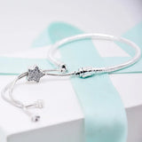 Pave Star & Snake Chain Sliding Bracelet Bangle 925 Sterling Silver Bead Charm