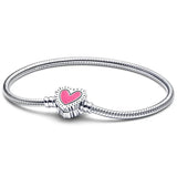 925 Sterling Silver Snake Chain Bracelet Radiant Heart Bangle