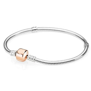 Moments Rose Barrel Clasp Snake Chain Bracelet Bangle 925 Sterling Silver