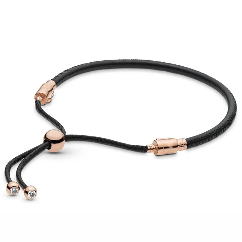 Moments Rose Leather Bracelet Bangle 925 Silver Charm Jewelry