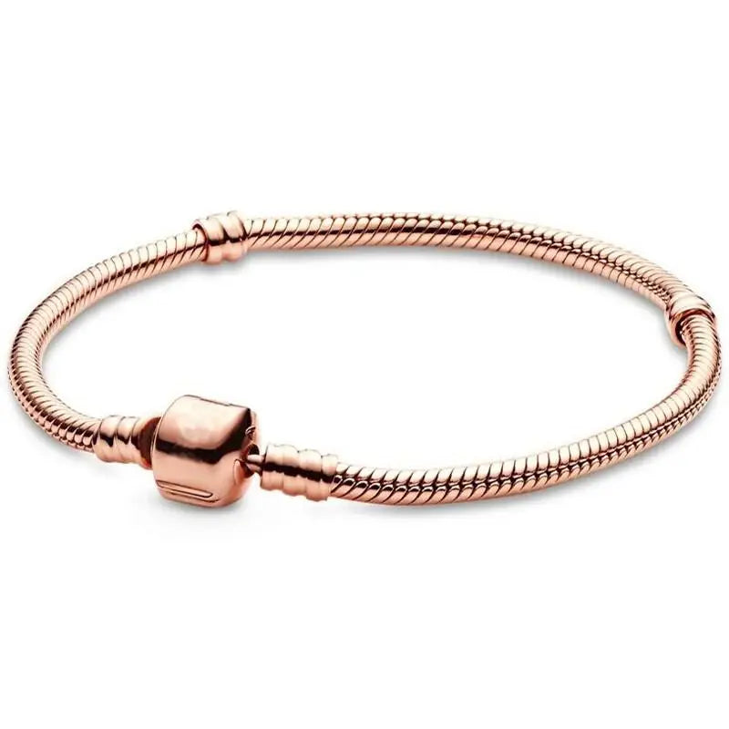 925 Silver Snake Chain Bracelet with Rose Barrel Clasp
