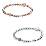 Rose Bead & Pave Crystal Bangle Bracelet 925 Silver Charm Jewelry