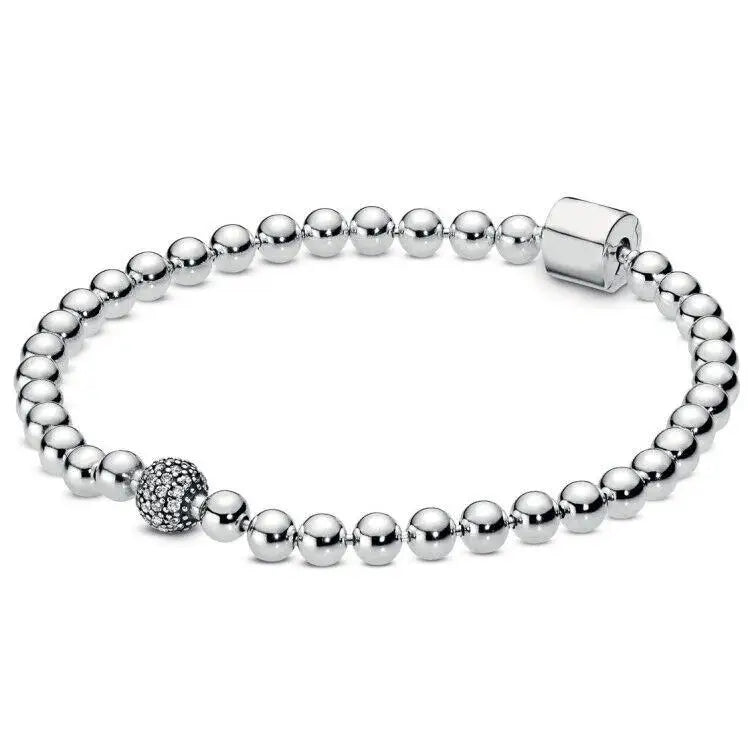 Rose Bead & Pave Crystal Bangle Bracelet 925 Silver Charm Jewelry