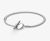 Rose Heart T-bar Snake Chain Bracelet Bangle 925 Sterling Silver Bead Charm