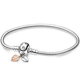 925 Silver Snake Chain Bracelet Rose Leaves Clasp