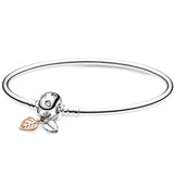 925 Silver Snake Chain Bracelet Rose Leaves Clasp