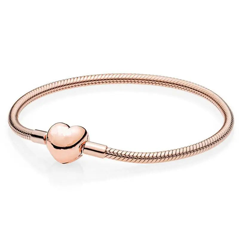 Rose Love Heart Clasp Snake Chain Bracelet 925 Sterling Silver