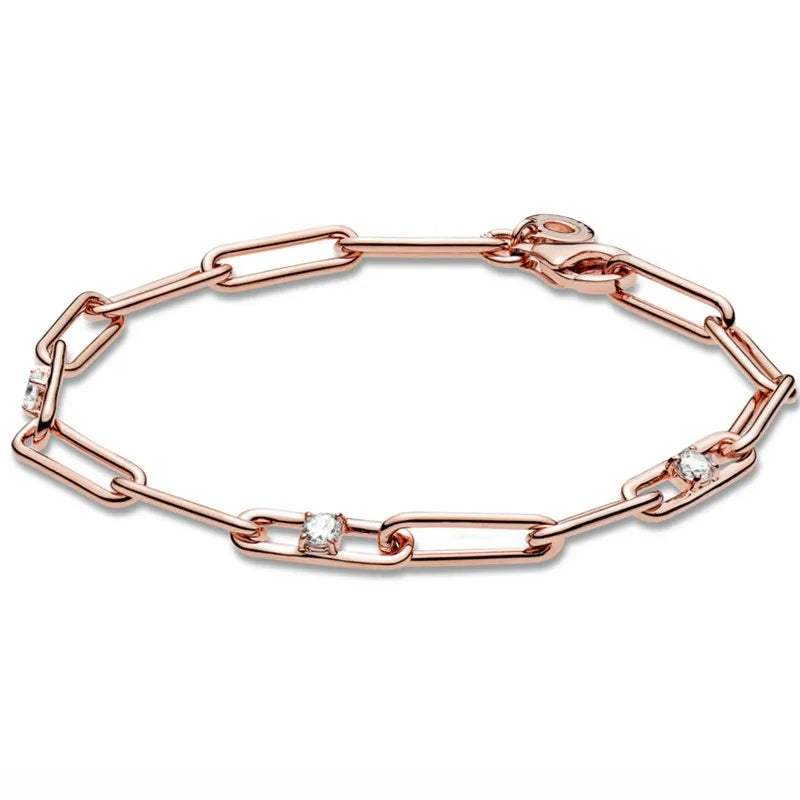 925 Silver Rose Link Chain Bracelet with Stones, Women's Bangle