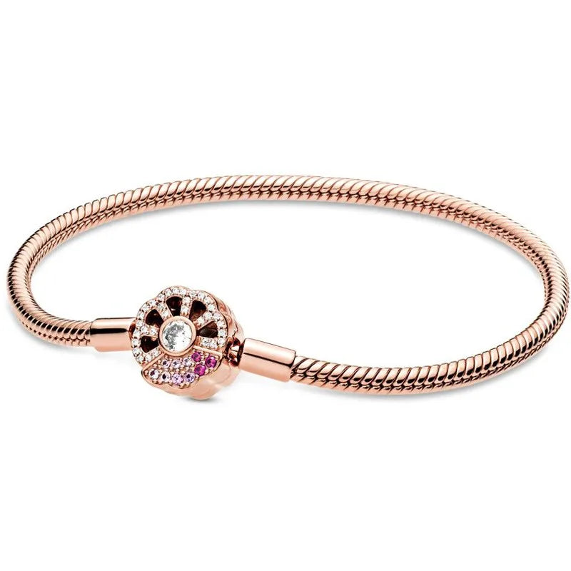 Rose Pink Fan Crystal Bracelet Bangle Women 925 Sterling Silver Jewelry
