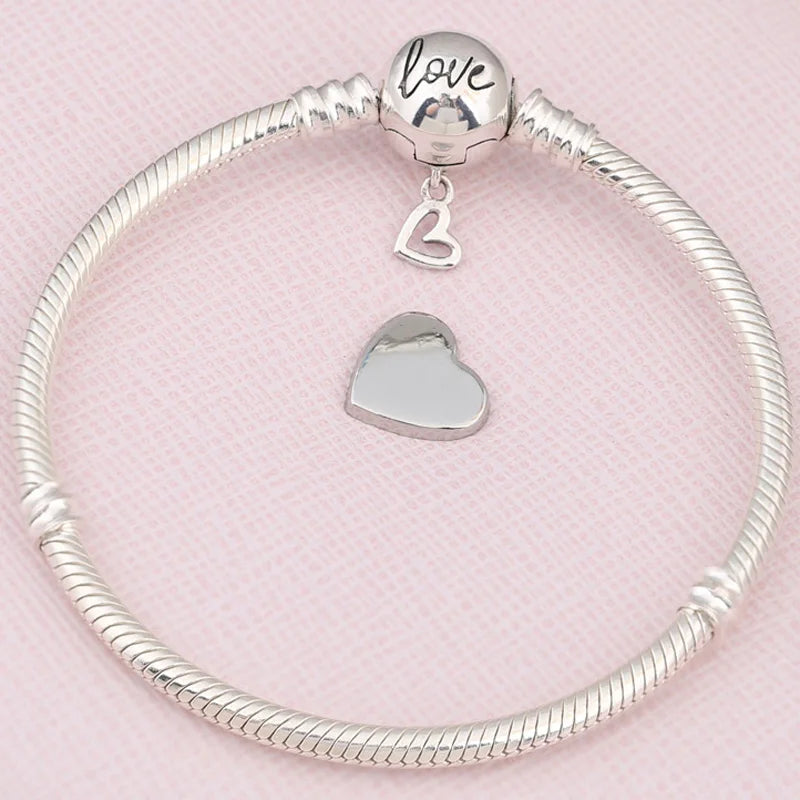 Snake Link Bracelet with Heart Clasp - 925 Sterling Silver Charm Bangle