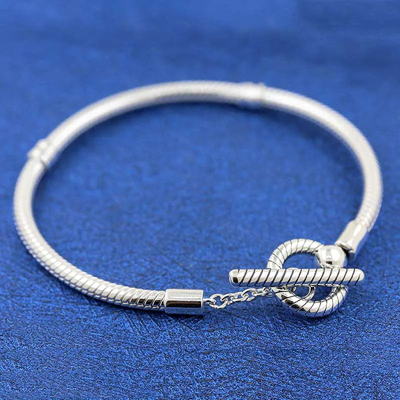 T-bar Snake Chain Bracelet 925 Silver Bead Charm Bangle DIY Jewelry