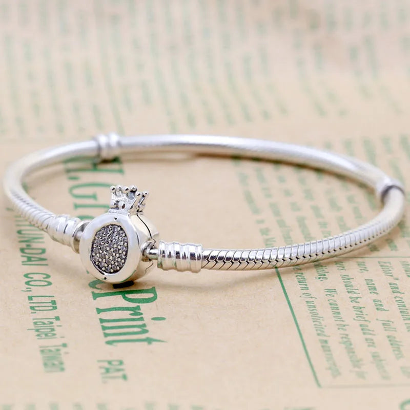 Crystal Clasp Snake Chain Bracelet for 925 Sterling Silver Bead Charm Bangle