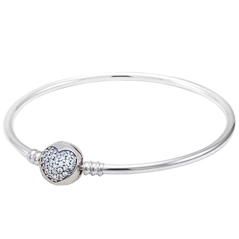 Love Heart Crystal Clasp Bangle 925 Silver Bracelet for Charm DIY Jewelry