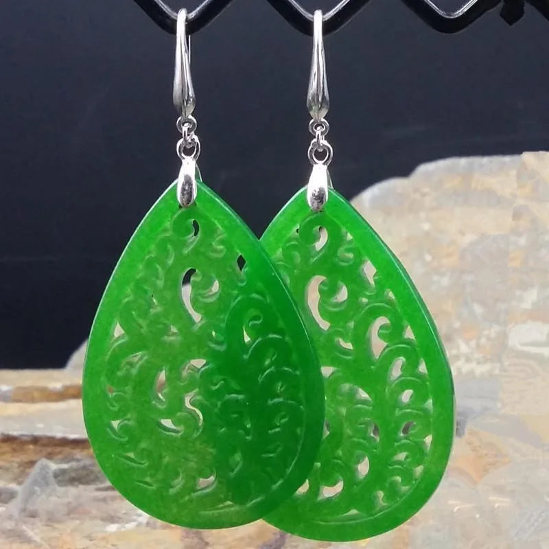Green Jade Emerald Hollow Out Earrings DIY Hand-Carved Woman Amulet