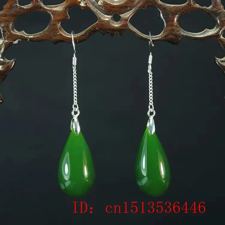 Natural Green Jade Emerald Water Drop Earrings Hand-Carved Woman Amulet