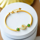 Hetian Jade Peace Buckle Silver Bracelet Retro Chinese Style Fu Character