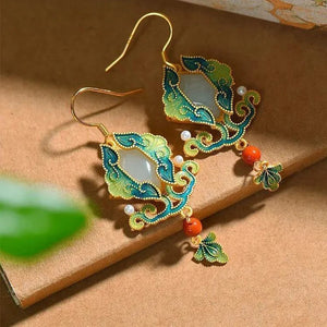 Hetian Jade Enamel Porcelain Pearl Long Earrings Retro Ethnic Jewelry