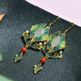 Hetian Jade Enamel Porcelain Pearl Long Earrings Retro Ethnic Jewelry