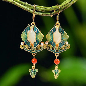 Hetian Jade Enamel Porcelain Pearl Long Earrings Retro Ethnic Jewelry
