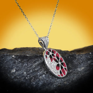 Red Flower Epoxy Pendant Necklace Silver Enamel Jewelry