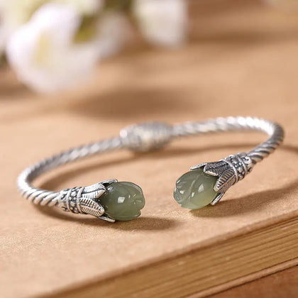 S925 Sterling Silver Hetian Jade Gray Jade Open-Ended Bracelet