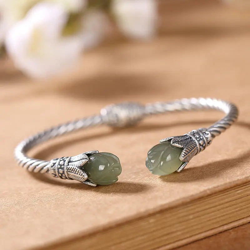 S925 Sterling Silver Hetian Jade Gray Jade Open-Ended Bracelet