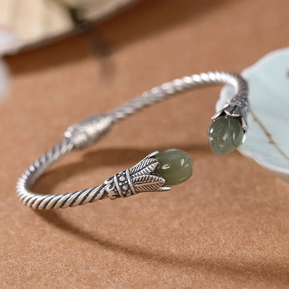 S925 Sterling Silver Hetian Jade Gray Jade Open-Ended Bracelet