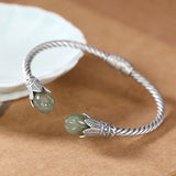 S925 Sterling Silver Gray Jade Magnolia Open-Ended Bracelet