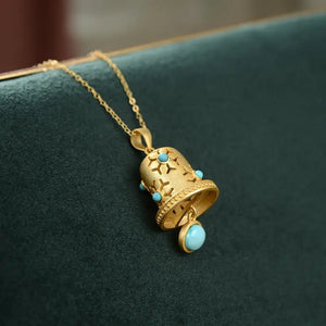 Turquoise Bell Pendant Necklace - Chinese Retro Gilded Women's Jewelry