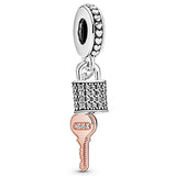 Heart Key Pattern Lock & Chained Pendant Fit Bracelet 925 Sterling Silver