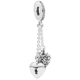 Heart Key Pattern Lock & Chained Pendant Fit Bracelet 925 Sterling Silver