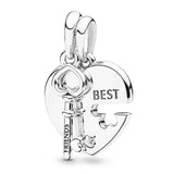 Heart Key Pattern Lock & Chained Pendant Fit Bracelet 925 Sterling Silver