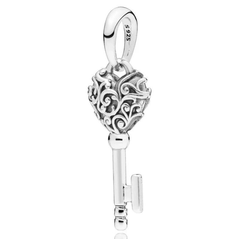 Heart Key Pattern Lock & Chained Pendant Fit Bracelet 925 Sterling Silver