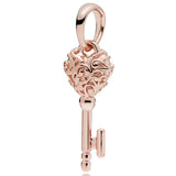 Heart Key Pattern Lock & Chained Pendant Fit Bracelet 925 Sterling Silver