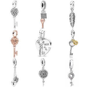 Heart Key Pattern Lock & Chained Pendant Fit Bracelet 925 Sterling Silver