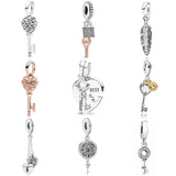 Heart Key Pattern Lock & Chained Pendant Fit Bracelet 925 Sterling Silver