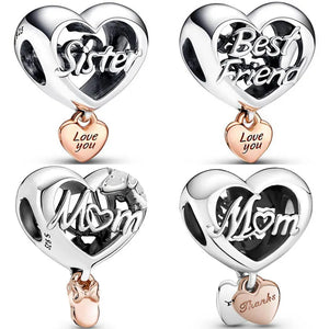 Openwork Love You Sister Mom Heart Pendant Bead 925 Sterling Silver Charm
