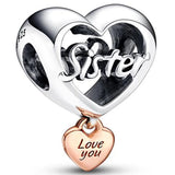 Openwork Love You Sister Mom Heart Pendant Bead 925 Sterling Silver Charm