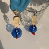 Palm Glass Ball Dangle Earrings Exaggerated Hand Long Drop Earrings