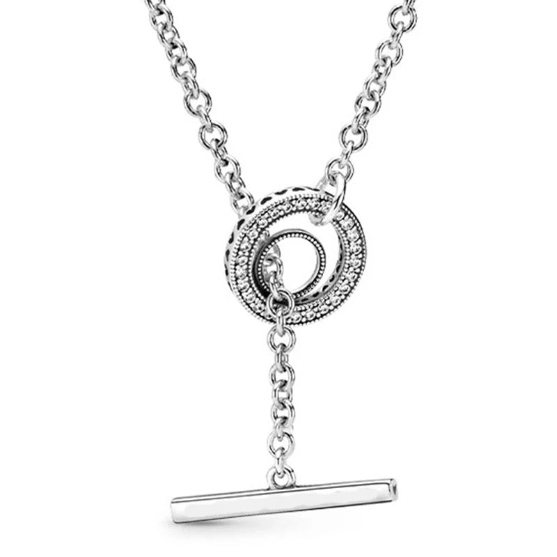 Circle T-bar Heart Crystal Necklace 925 Sterling Silver Bracelet Charm