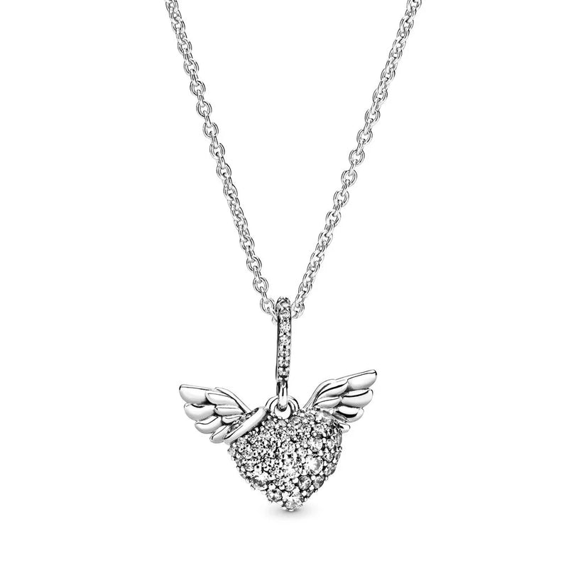 925 Sterling Silver Heart & Angel Wings Necklace for Women