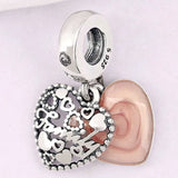 Pink Enamel Love Family Crystal Pendant 925 Sterling Silver Charm Bracelet