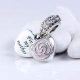 Pink Enamel Mother's Rose Crystal Pendant Bead 925 Silver Charm Bracelet DIY