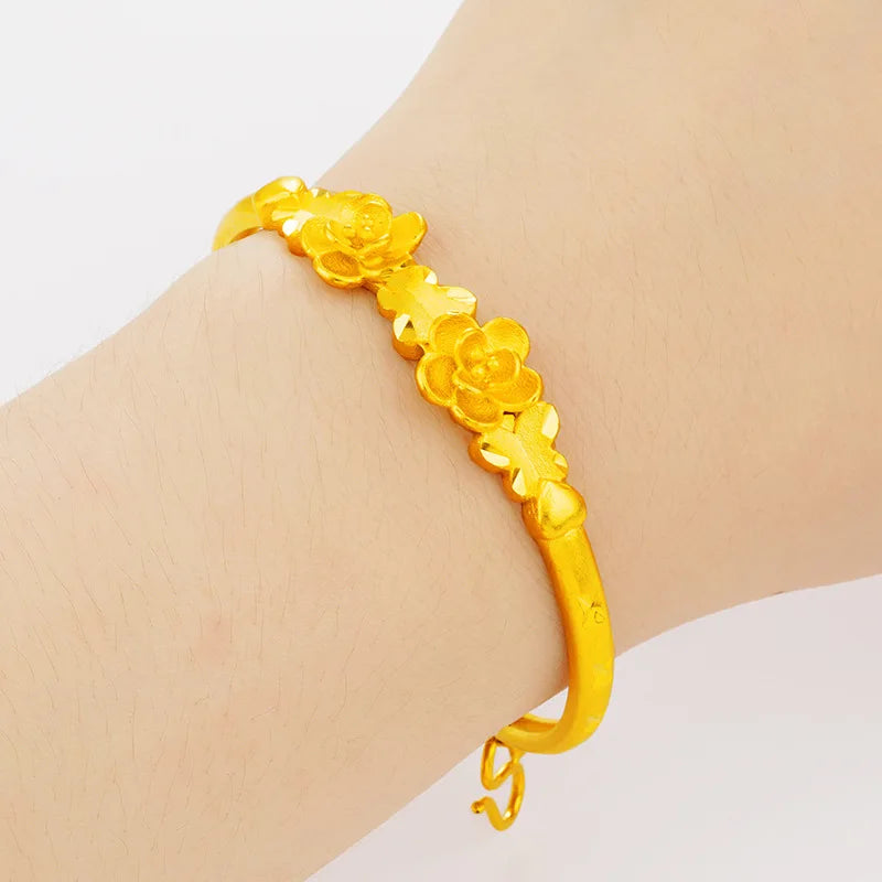 18K Yellow Bracelet Women Flower Hand Chain Jewelry Gift Bangle