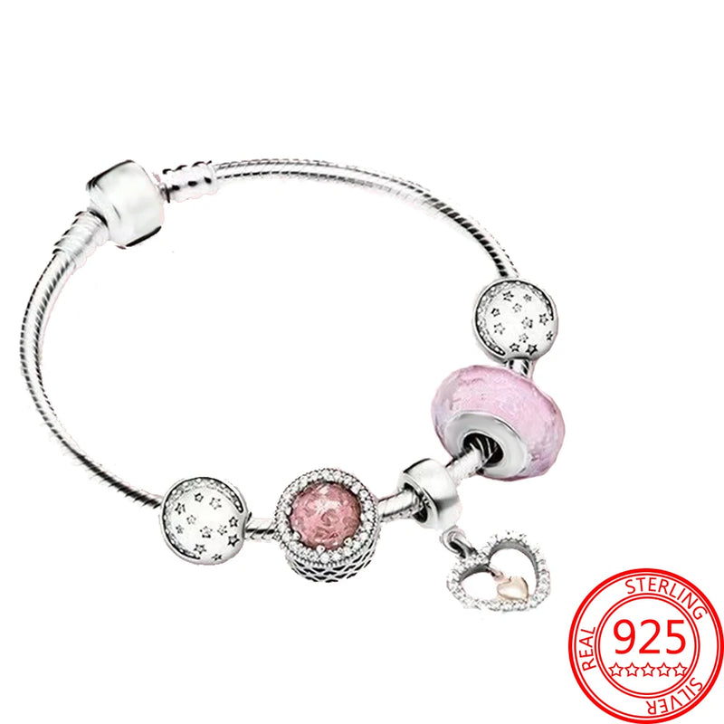 Real 925 Sterling Silver Pink Heart Dangle Bracelet for Women