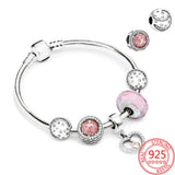 Real 925 Sterling Silver Pink Heart Dangle Bracelet for Women